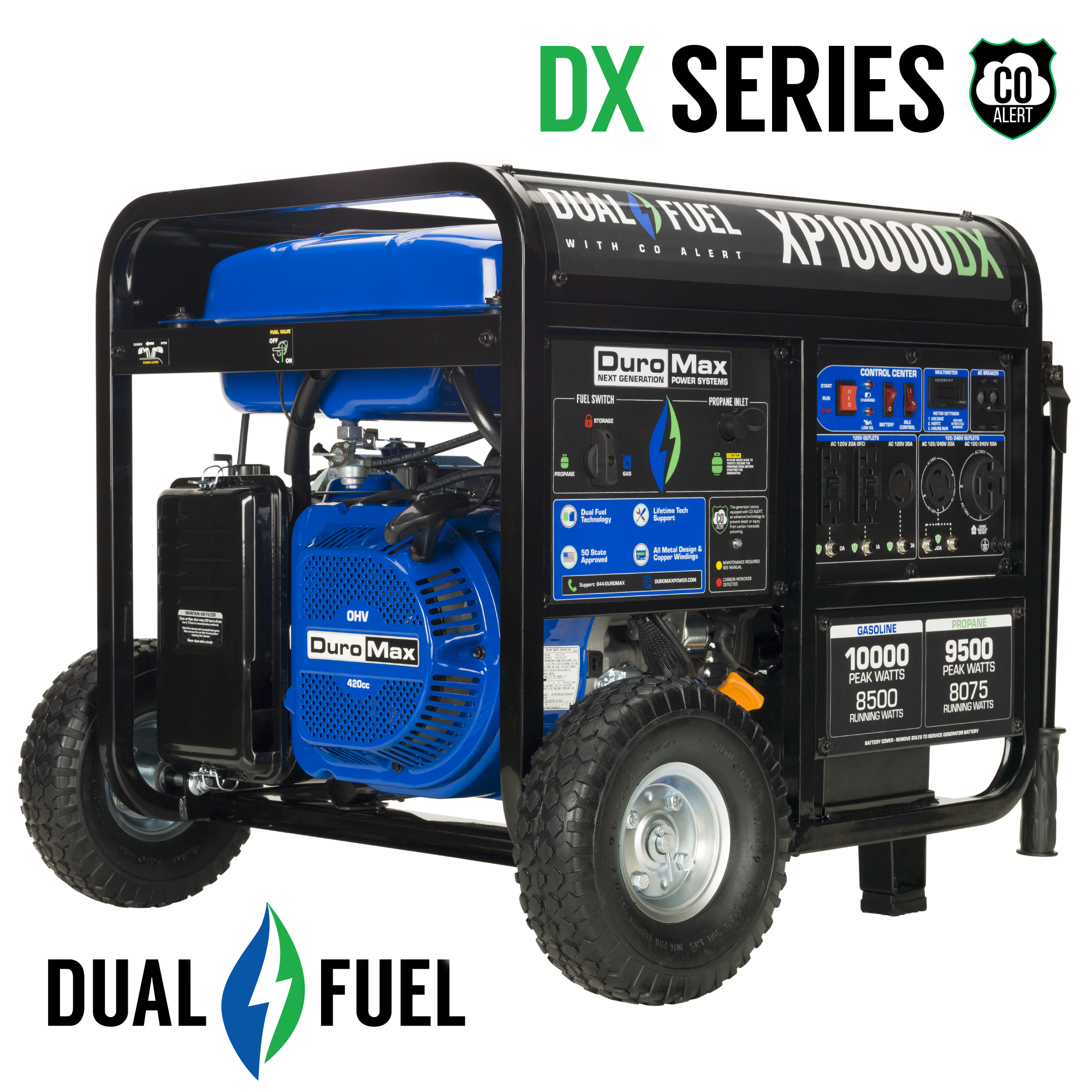 Dual Fuel Generators DuroMax XP10000DX 10,000 Watt Dual Fuel Gas Propane Portable Generator W/ CO Alert 3 Dual Fuel Generators DuroMax XP10000DX 10,000 Watt Dual Fuel Gas Propane Portable Generator W/ CO Alert