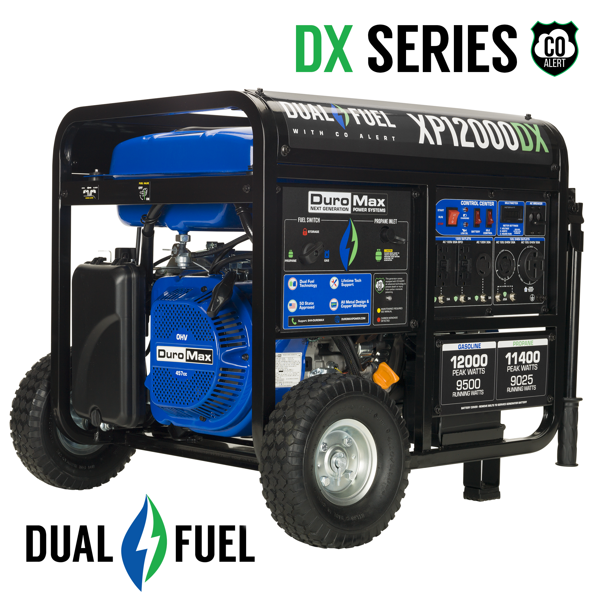 Dual Fuel Generators DuroMax XP12000DX 12,000 Watt Dual Fuel Gas Propane Portable Generator W/ CO Alert 3 Dual Fuel Generators DuroMax XP12000DX 12,000 Watt Dual Fuel Gas Propane Portable Generator W/ CO Alert