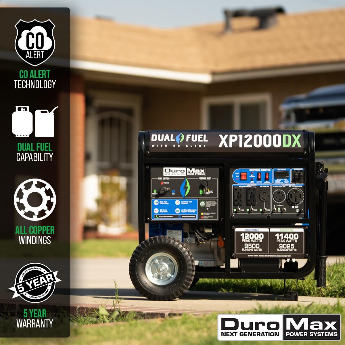 Dual Fuel Generators DuroMax XP12000DX 12,000 Watt Dual Fuel Gas Propane Portable Generator W/ CO Alert 4 Dual Fuel Generators DuroMax XP12000DX 12,000 Watt Dual Fuel Gas Propane Portable Generator W/ CO Alert