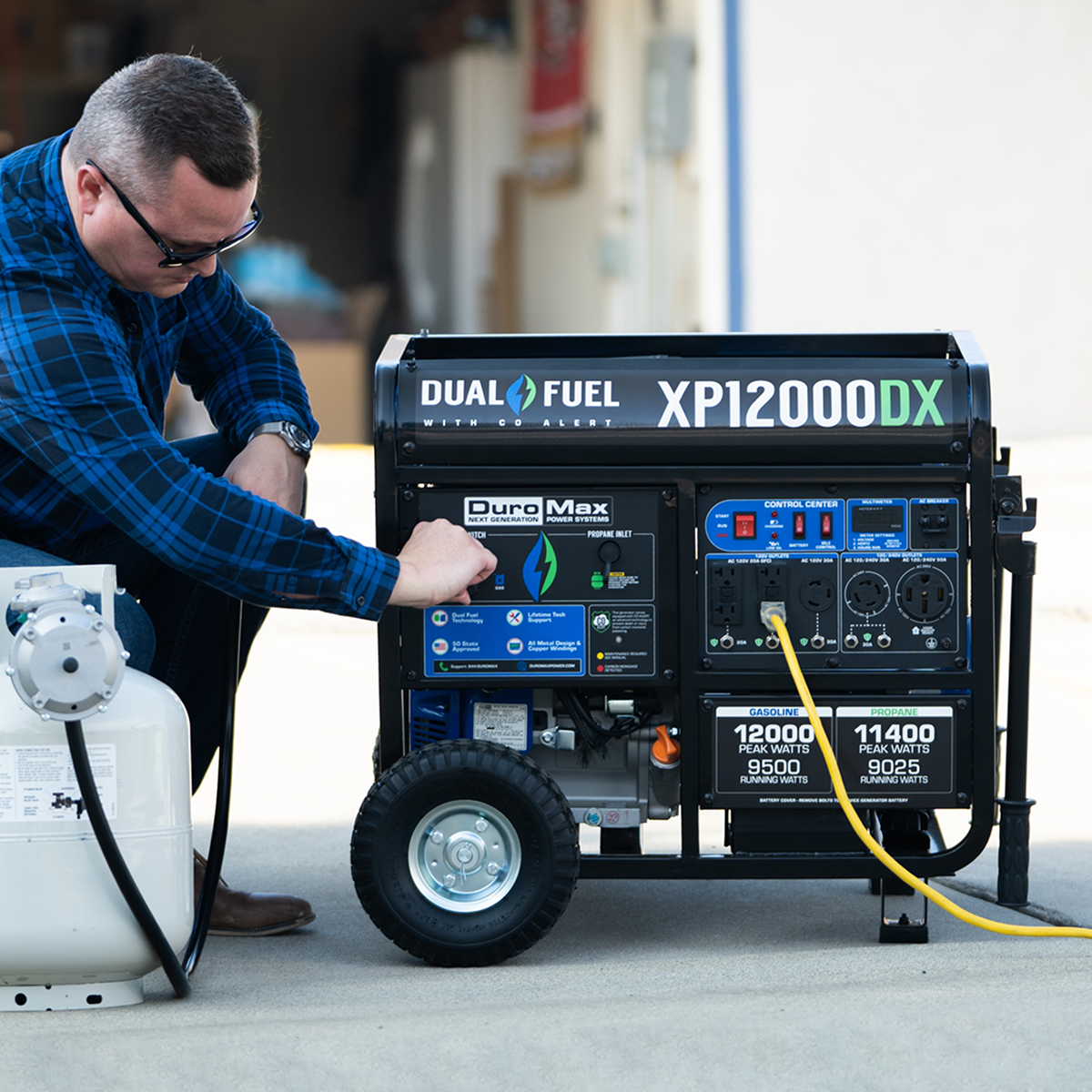 Dual Fuel Generators DuroMax XP12000DX 12,000 Watt Dual Fuel Gas Propane Portable Generator W/ CO Alert 7 Dual Fuel Generators DuroMax XP12000DX 12,000 Watt Dual Fuel Gas Propane Portable Generator W/ CO Alert
