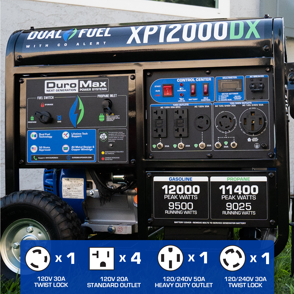 Dual Fuel Generators DuroMax XP12000DX 12,000 Watt Dual Fuel Gas Propane Portable Generator W/ CO Alert 9 Dual Fuel Generators DuroMax XP12000DX 12,000 Watt Dual Fuel Gas Propane Portable Generator W/ CO Alert